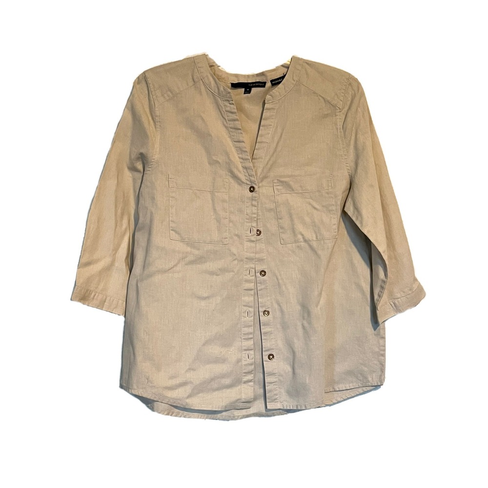 HARVE BERNARD WOMENS TOP BLOUSE BUTTON UP SIZE M‎ WASHABLE LINEN BLEND TAN BP